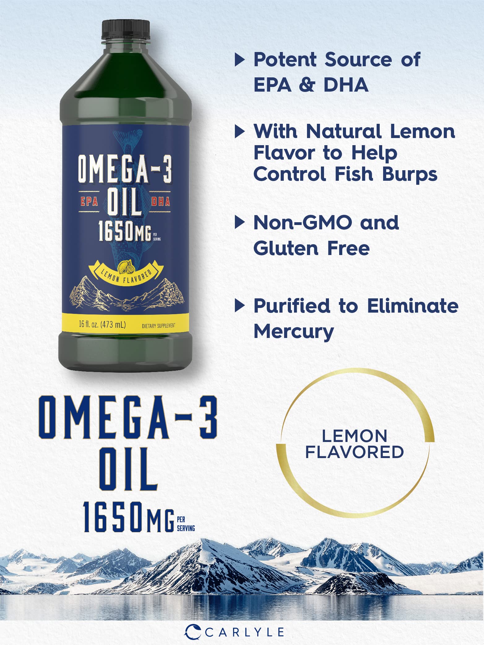 Carlyle Omega 3 Fish Oil Liquid | 1650mg | 32 fl oz (2 x 16oz Bottles) | Lemon Flavor | Non-GMO & Gluten Free Supplement